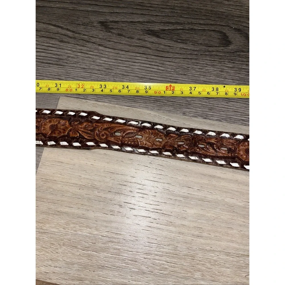 Vtg Tex-Made Tooled Leather Western Belt Size 38 Eagle Laced Snap On No Buckle